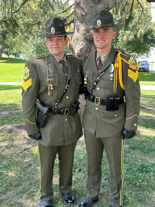 Austin Soule '15 (left) and Tyler Noyes '16 (right) were recognized by Vermont State Police for their promotions to SGT at the Annual VSP Awards and Promotion Ceremony at the Vermont State House on September 13.