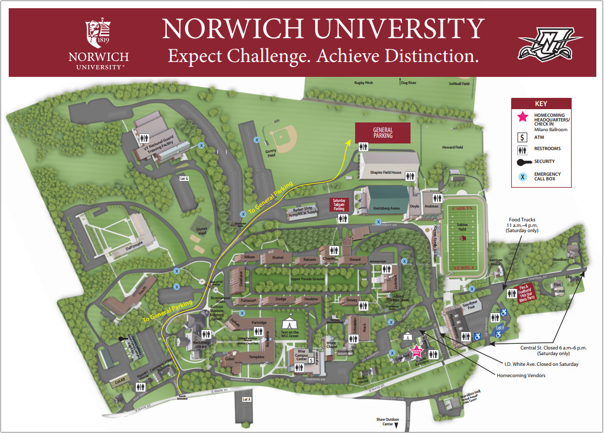 Norwich University - campus map with Homecoming event and parking areas noted