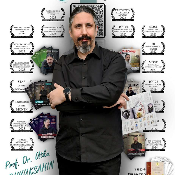 A man stands in front of a graphic displaying his achievements.