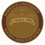 Norwich University Alumni Association seal with mountains, 1819, and a banner reading I WILL TRY.