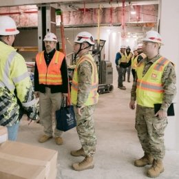 Capt. Matthew Purdy (right), who is currently serving as project engineer on the Canandaigua VA Medical Center project, participates in a site tour of the project Dec. 18, 2024. (Photo by Ryan Campbell, USACE Buffalo Public Affairs)