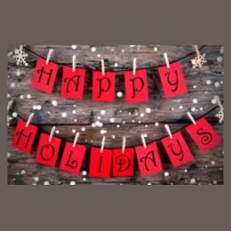 letter cards spelling "happy holidays" on clothesline affixed with clothespins