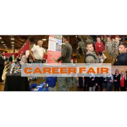 Career Fair Banner - composite image of Norwich students milling about at employer tables meeting with employers and fellow students.
