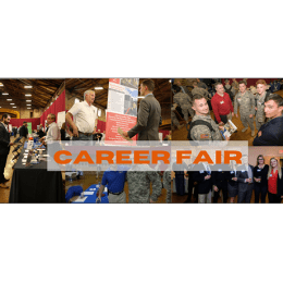 Career Fair Banner - composite image of Norwich students milling about at employer tables meeting with employers and fellow students.