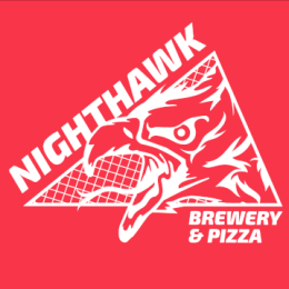 White line image of hawk with open beak, against pink red background. Logo for Nighthawk Brewery & Pizza.