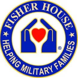 Fisher House helping military families encircles graphic of two hands around a heart.