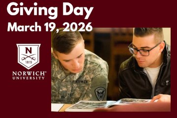 Text: Giving Day March 19, 2026 (Norwich shield logo) www.norwich.edu/make-a-gift . Photo shows two young men, one in military fatigues, the other to his left in black jacket, looking at an opened book.