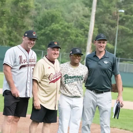 Lieutenant General John Broadmeadow ‘83, USMC (Retired), and Ed Hockenbury took to the mound for the ceremonial first pitch of the game at The Vermont Mountaineers.