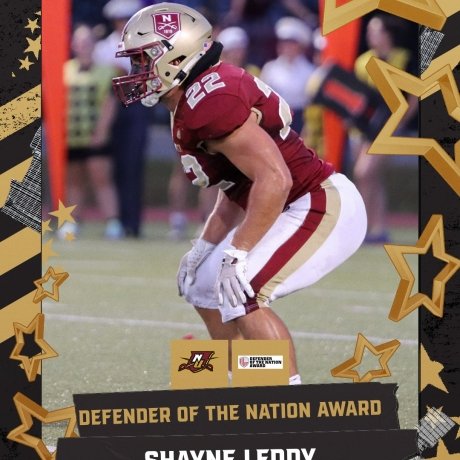 Photo of Shane Leddy in his football uniform announcing him as the 2024 Defender of the Nation Award Winner