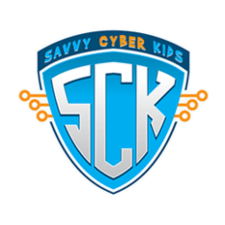 Logo of Savvy Cyber Kids, featuring the initials 'SCK' in large, stylized letters inside a blue and silver shield, with orange digital connections extending from the sides.