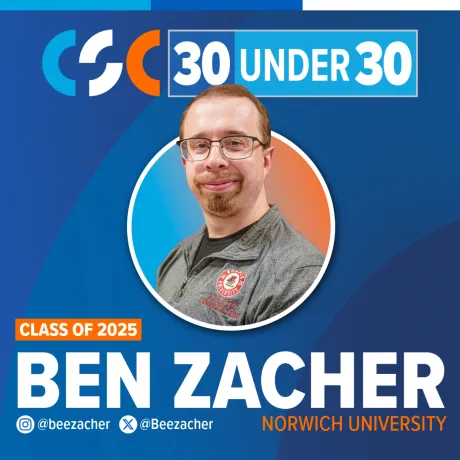 A man smiles in a graphic celebrating an accomplishment.