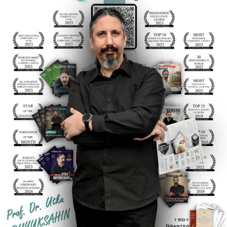 A man stands in front of a graphic displaying his achievements.