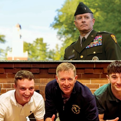 top of image: man, BG Bill McCollough '91 (view of head from chest up) in military uniform. bottom of image: same individual, between young man in white polo shirt and another young man in green polo shirt.