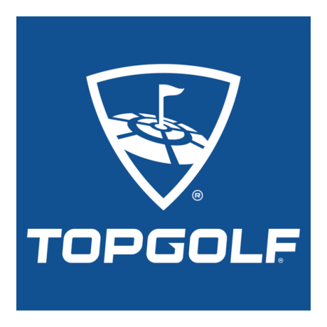 White image: golf flag and target / lettering: topgolf, on blue background.