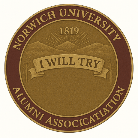 Norwich University Alumni Association seal with mountains, 1819, and a banner reading I WILL TRY.