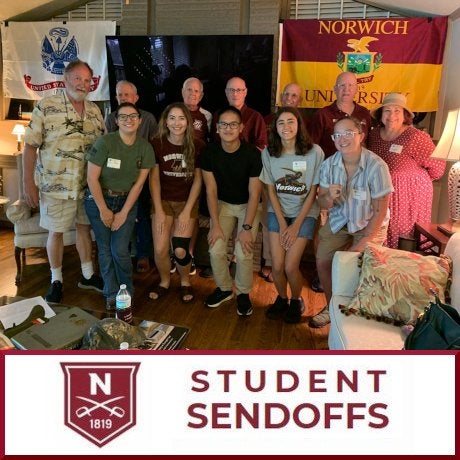 A group of young adults stand in foreground with a line of older adults behind them. All stand before a Norwich University flag to right, and US service flag to their left. Below this photo is a Norwich "N" shield logo and text: Student Sendoffs