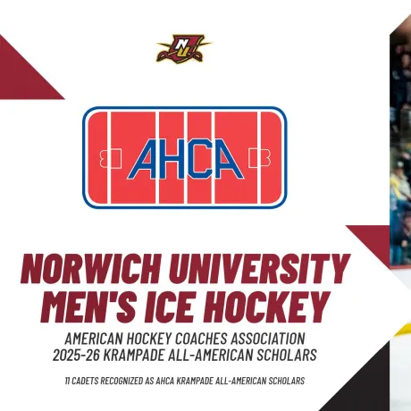 Graphic with AHCA logo and text announcing Norwich University men's ice hockey earned 11 AHCA Krampade All-American Scholars for 2025-26.