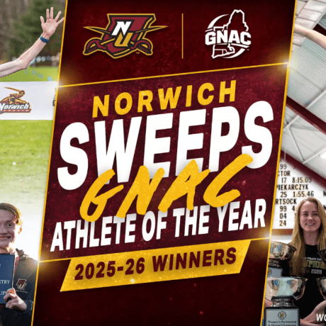 Graphic announces "Norwich Sweeps GNAC Athlete of the Year 2025-26 Winners" with Norwich and GNAC logos and athlete phot