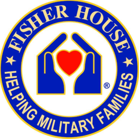 Fisher House helping military families encircles graphic of two hands around a heart.