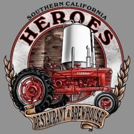 text: Southern California HEROES Restaurant & Brewhouse surrounds a red tractor and large grain tank.