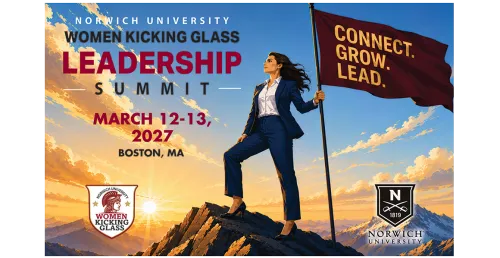 Norwich University Women Kicking Glass Leadership Summit graphic lists March 12-13, 2027, in Boston