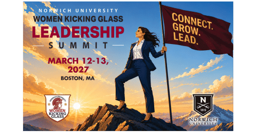 Norwich University Women Kicking Glass Leadership Summit graphic lists March 12-13, 2027, in Boston
