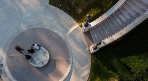 Drone image view of the Sullivan Museum & History Center courtyard, Bicentennial Stairs