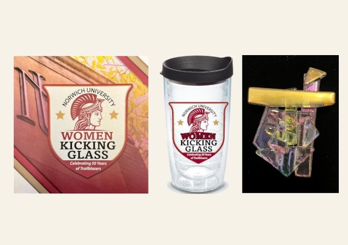 Women Kicking Glass - oral history book cover, Tervis travel mug, shattered glass pin