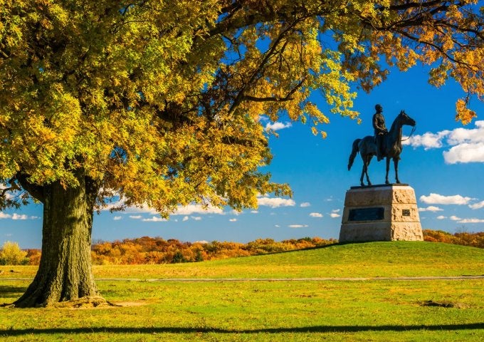 A statue with an individual upon a horse (right) is framed by autumn foliage (with tree at frame left and in far background.)