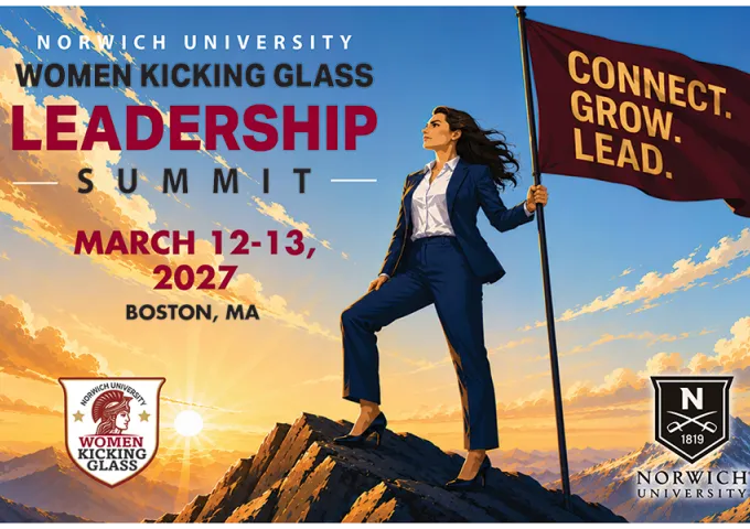 Norwich University Women Kicking Glass Leadership Summit graphic lists March 12-13, 2027, in Boston