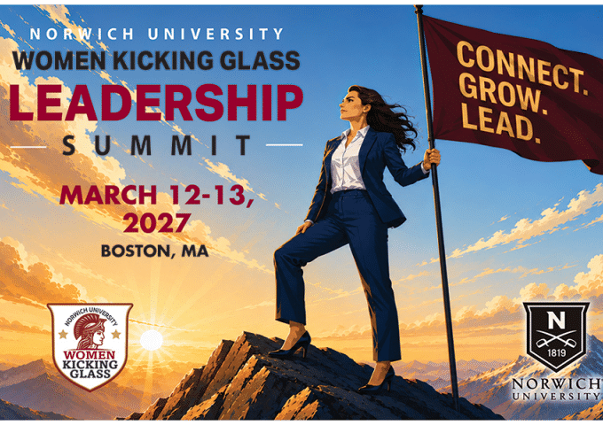 Norwich University Women Kicking Glass Leadership Summit graphic lists March 12-13, 2027, in Boston