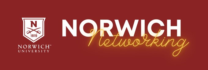 Maroon banner with Norwich University shield logo at left, wording: Norwich Networking at right.