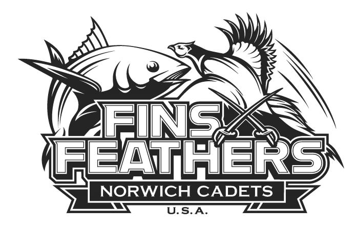 fish drawing, quail drawing above wording "Fins Feathers Norwich Cadets U.S.A."